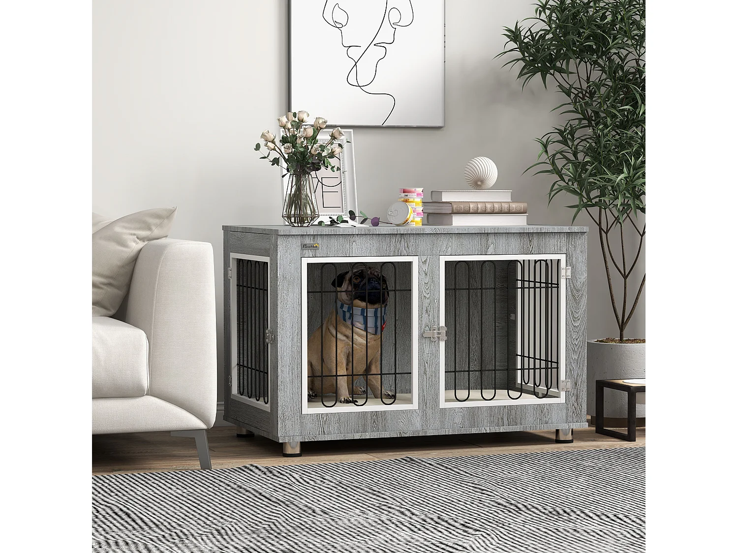 Cage pour chien sur pied - 2 portes verrouillables, coussin déhoussable inclus - acier filaire noir panneaux aspect bois gris