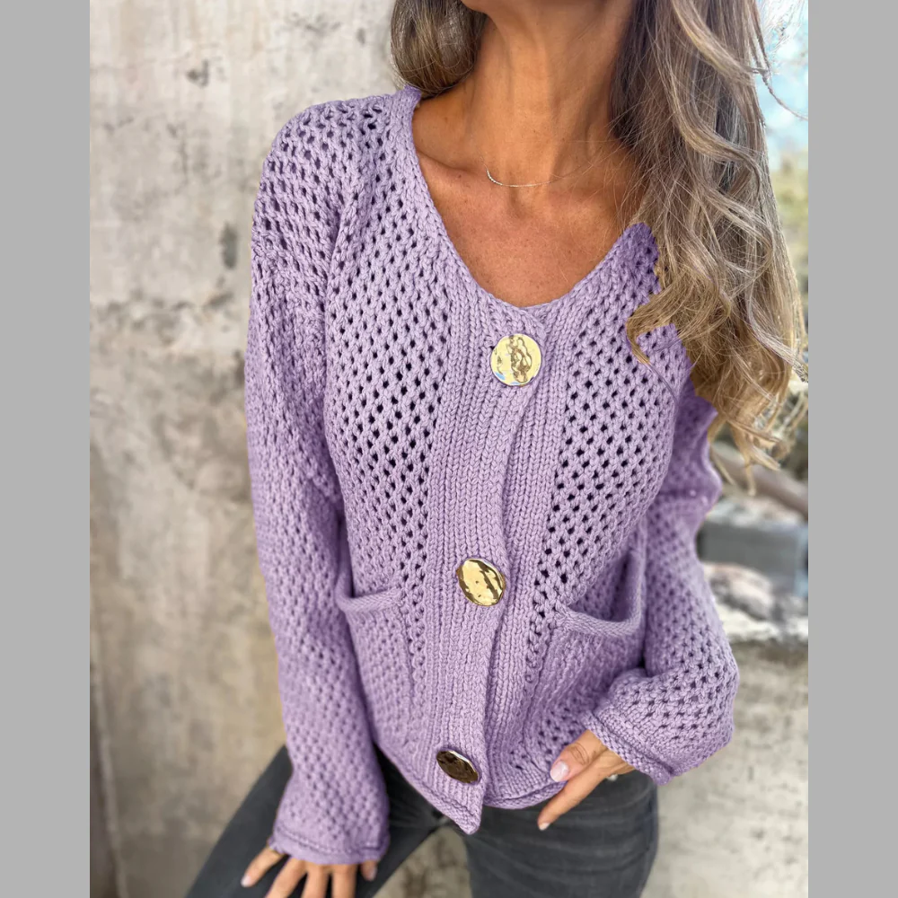 Crochet Button Up Long Sleeve Cardigan - ZKZOOK