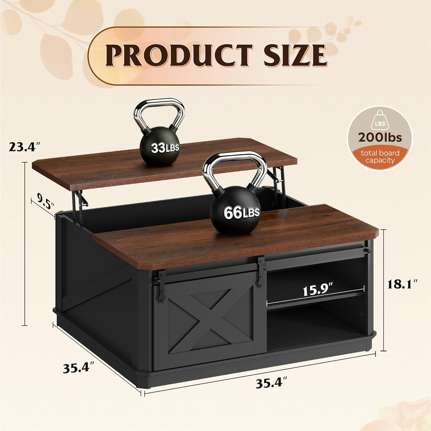 WLIVE Framhouse Coffee Table with Storage, 35.5