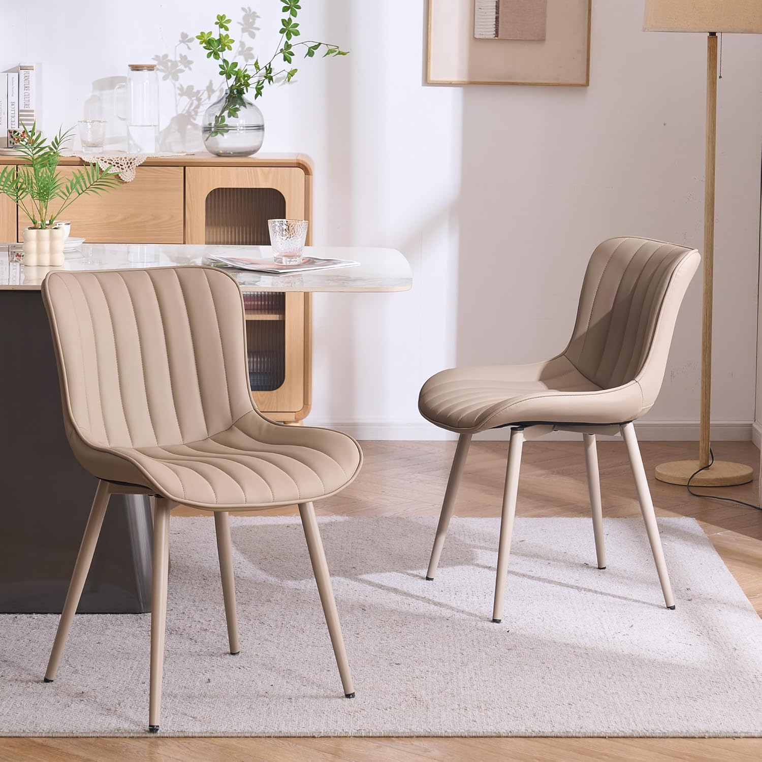 YOUNUOKE Mid-Century Modern Dining Chairs Set of 2, Khaki PU Leather Upholstered Kitchen Chairs with Khaki Metal Legs, Armless Accent Chair for Dining Room, Guest Reception Room
