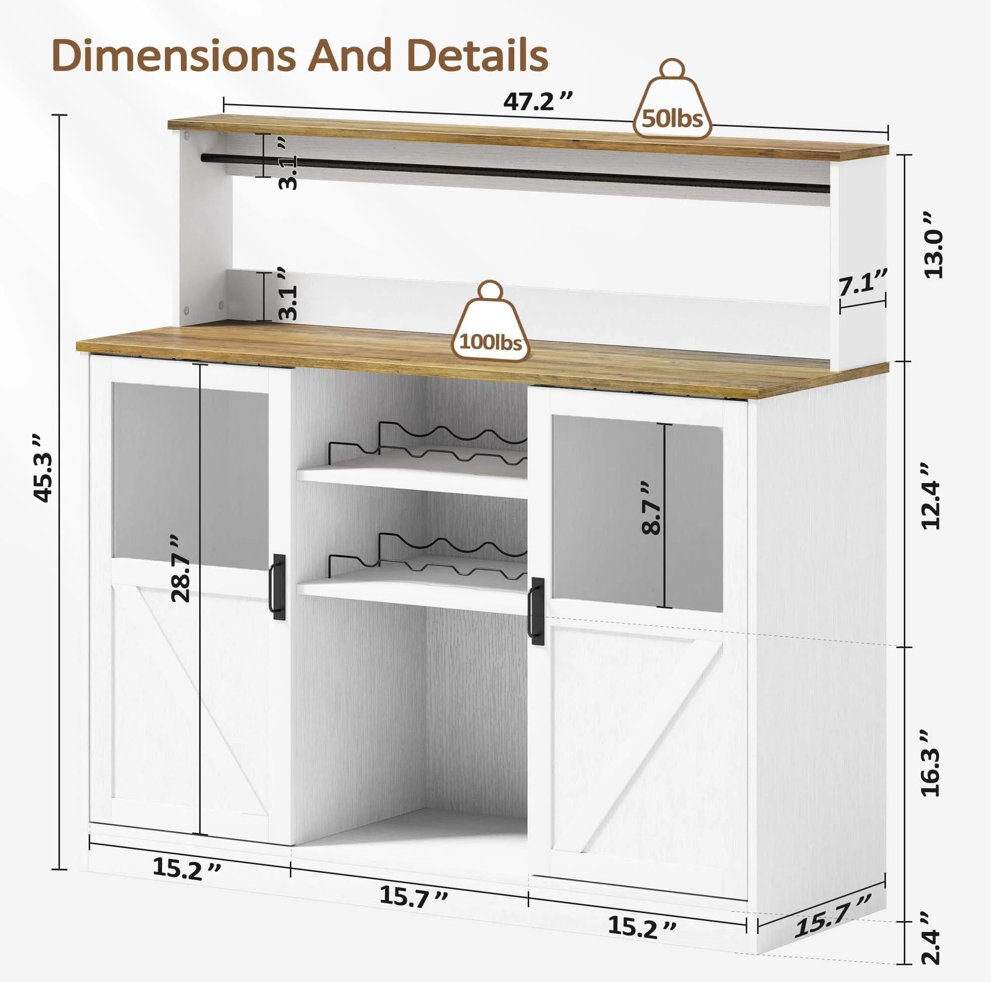 Vividwood Buffet Cabinet with Storage, 47'' Farmhouse Coffee Bar Cabinet with Wine Rack and Glass Goblet Holder, Bar Station Wood Kitchen Table for Dining Room, Living Room, White/Brown