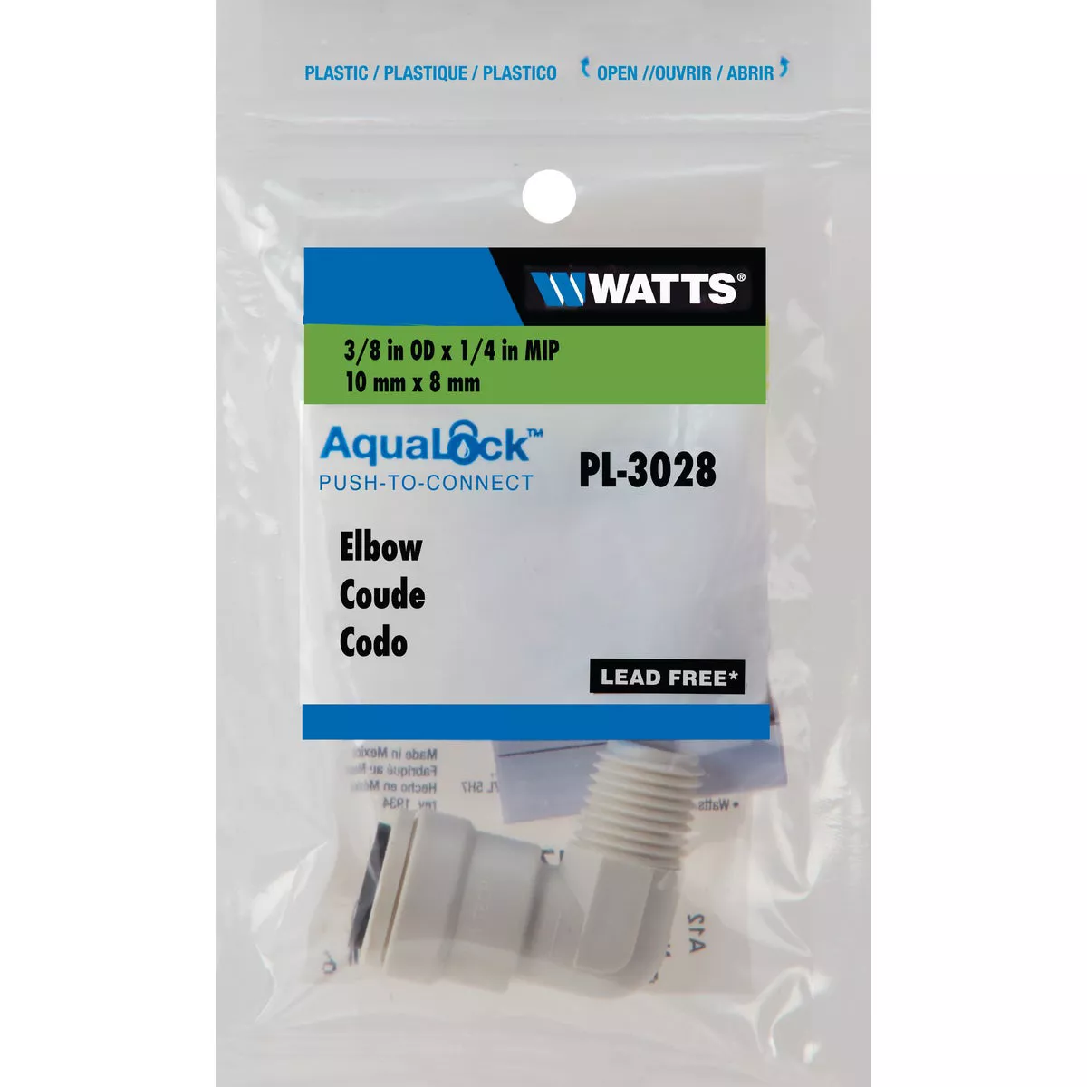 Watts Aqualock 3/8 In. OD x 1/4 In. MNPT 90 Deg. Push-to-Connect Plastic Elbow (1/4 Bend)