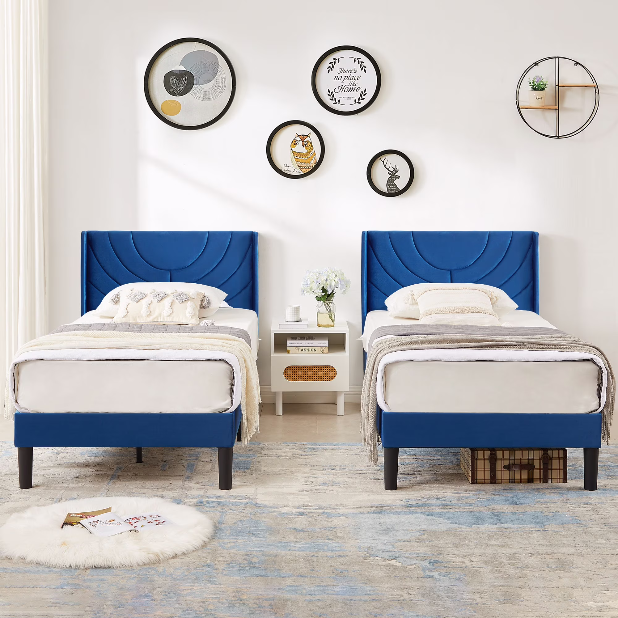 VECELO Set of 2 Twin Bed Frames, Modern Upholstered Platform Bed Frame with Tufted Headboard, No Box Spring Needed, Dark Green - Image 5