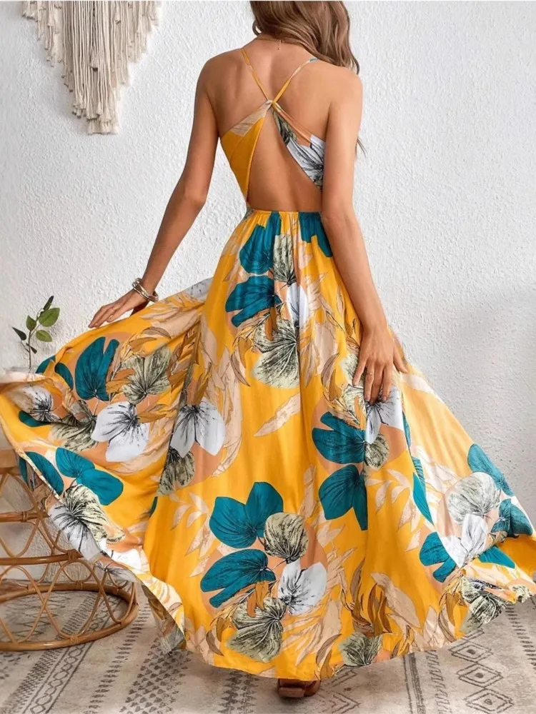 Fashion Flower Print Spaghetti Strap Dresses Women Sexy V-neck Backless Slit Long Dress Bohemian Style Vacation Beach Vestidos - AZJHJ