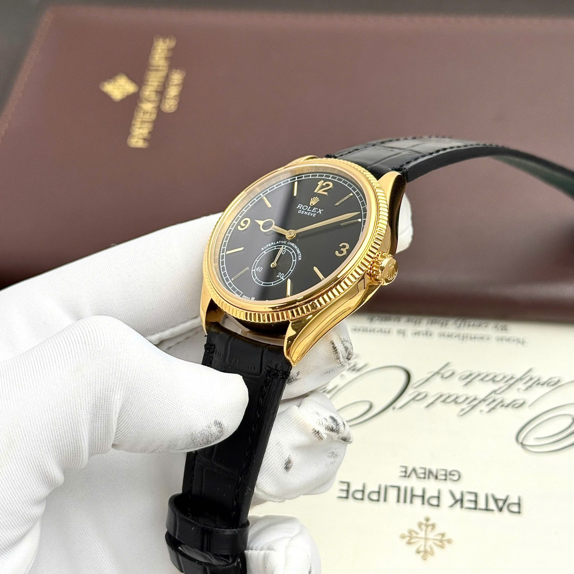 Rolex Perpetual 1908 Yellow Fake Watch Black Dial Leather Strap 39mm - Top club
