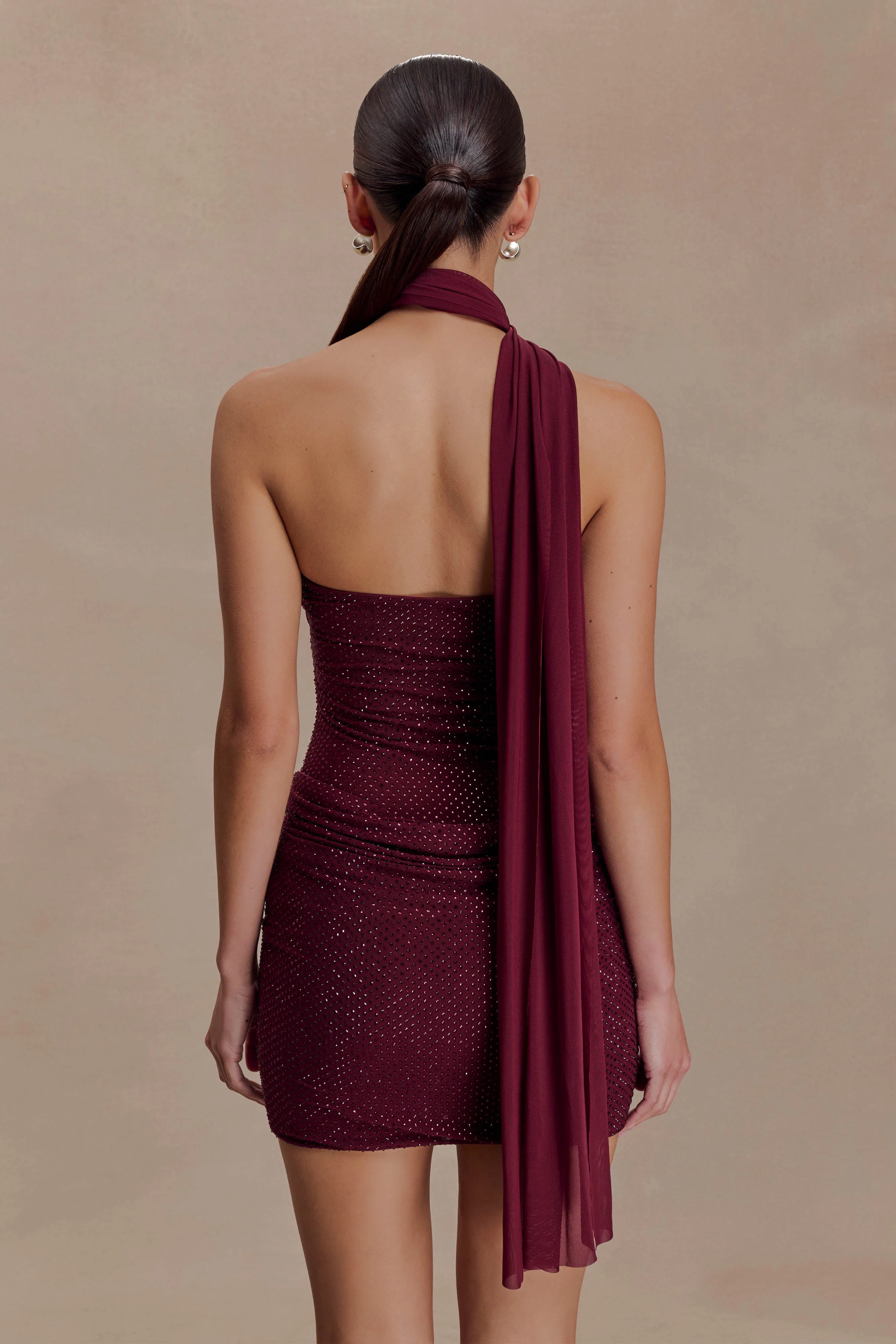Mattea Diamante Mini Dress With Scarf - Plum