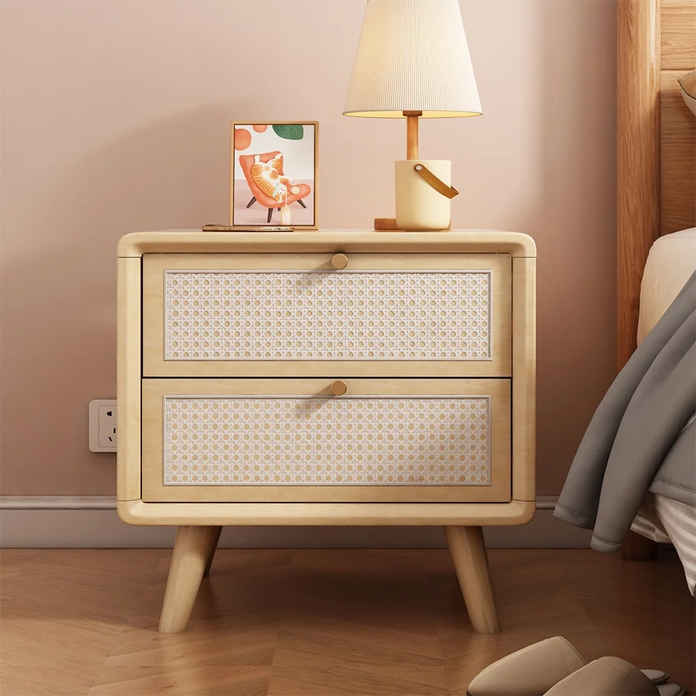 KISPATTI Rattan Nightstand, Small End Table, Side Table with Solid Wood Legs, Boho Bedside Table, Wood Accent Table with Storage for Small Space, Livingroom, Bedroom, Natural