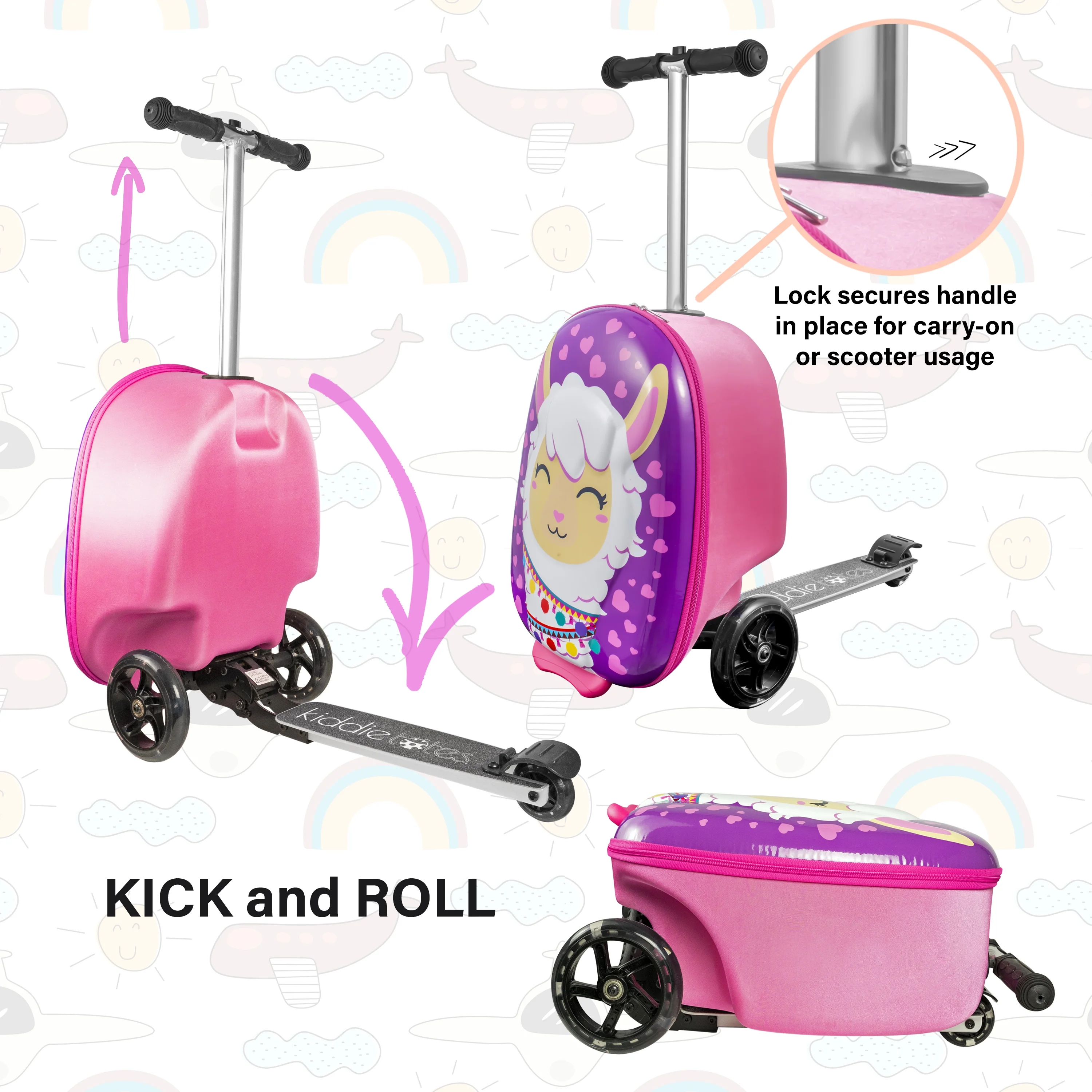 Kiddietotes Kid's Hard Shell Scooter Ride On Suitcase, Pink - Image 61