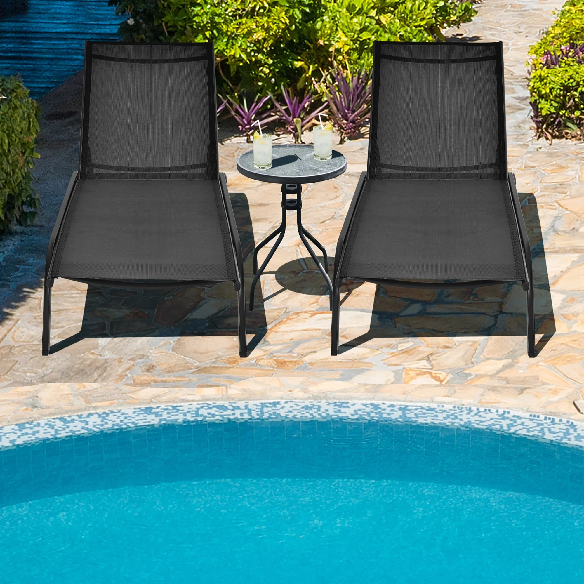 Costway 2PCS Outdoor Adjustable Chaise Lounge Patio 6-Position Recliner Wheels Black - Image 4