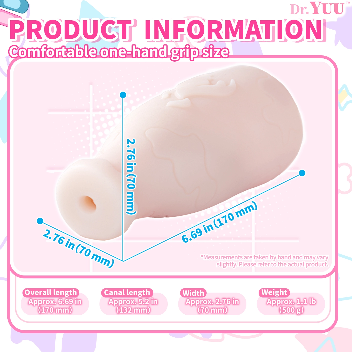Dr.YUU heated male stroker specifications showing 1.1 lb weight 5.2 inch canal and dual temperature modes