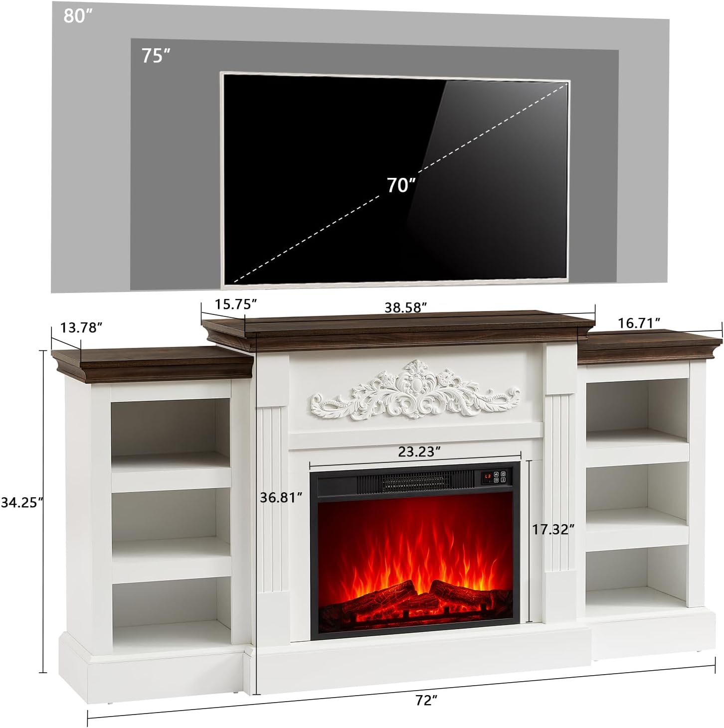 SOOWERY Electric Fireplace with Mantel, Fireplace TV Stand with Replaceable Fireplace Insert and Storage, Farmhouse Entertainment Center with Fireplace Heater for TVs Up to 80