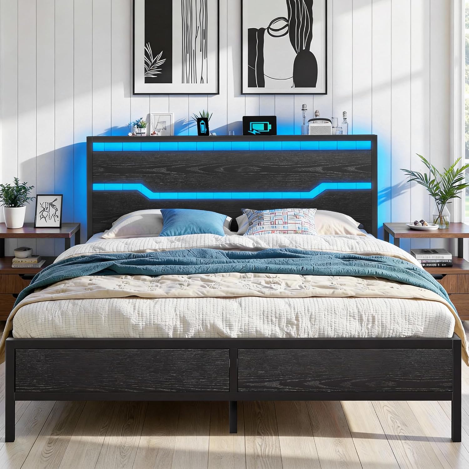 Queen Bed Frame with LED Lights & Charging Station, Bed Frame Queen Size with Headboard,13