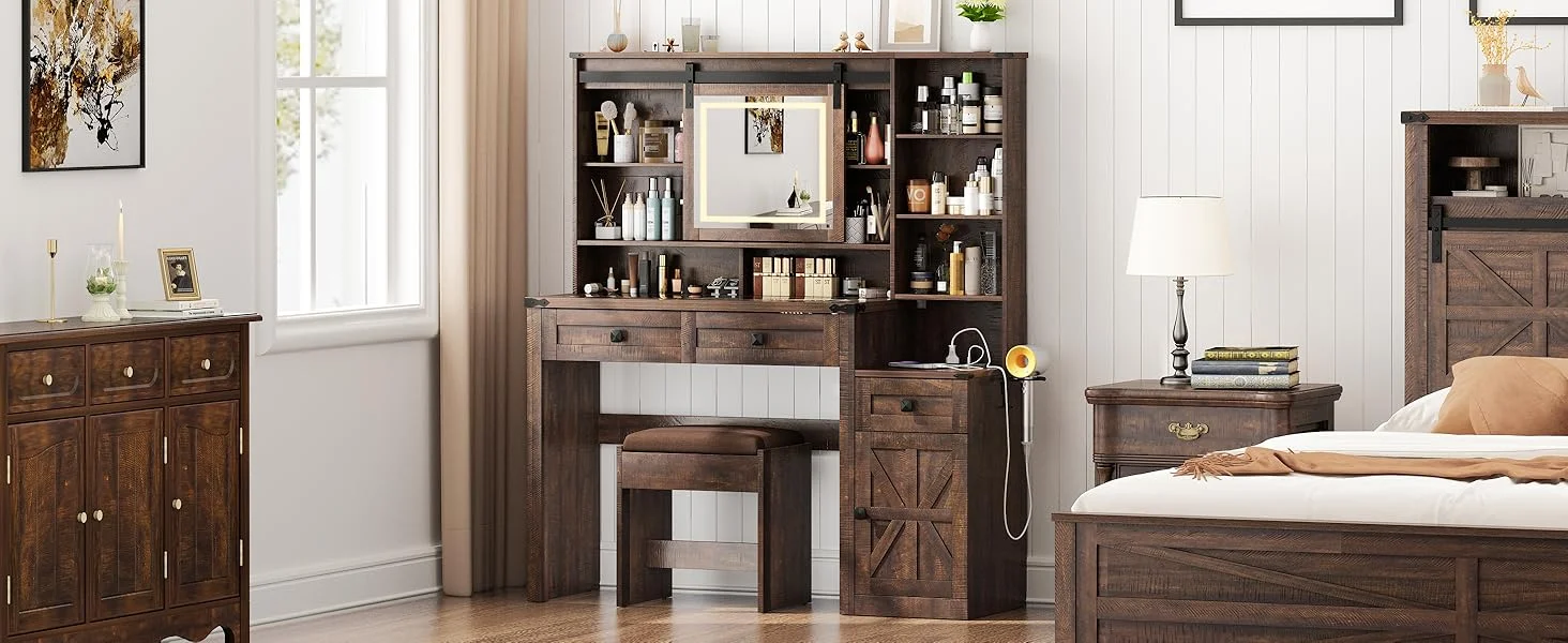 Blotout 47.2" Farmhouse Rustic Makeup Vanity Desk with Sliding Mirror and Lights, Glass Top Vanity Set with Charging Station & 3 Drawers & 1 Cabinet & Stool, Big Vanity (White) - Image 19