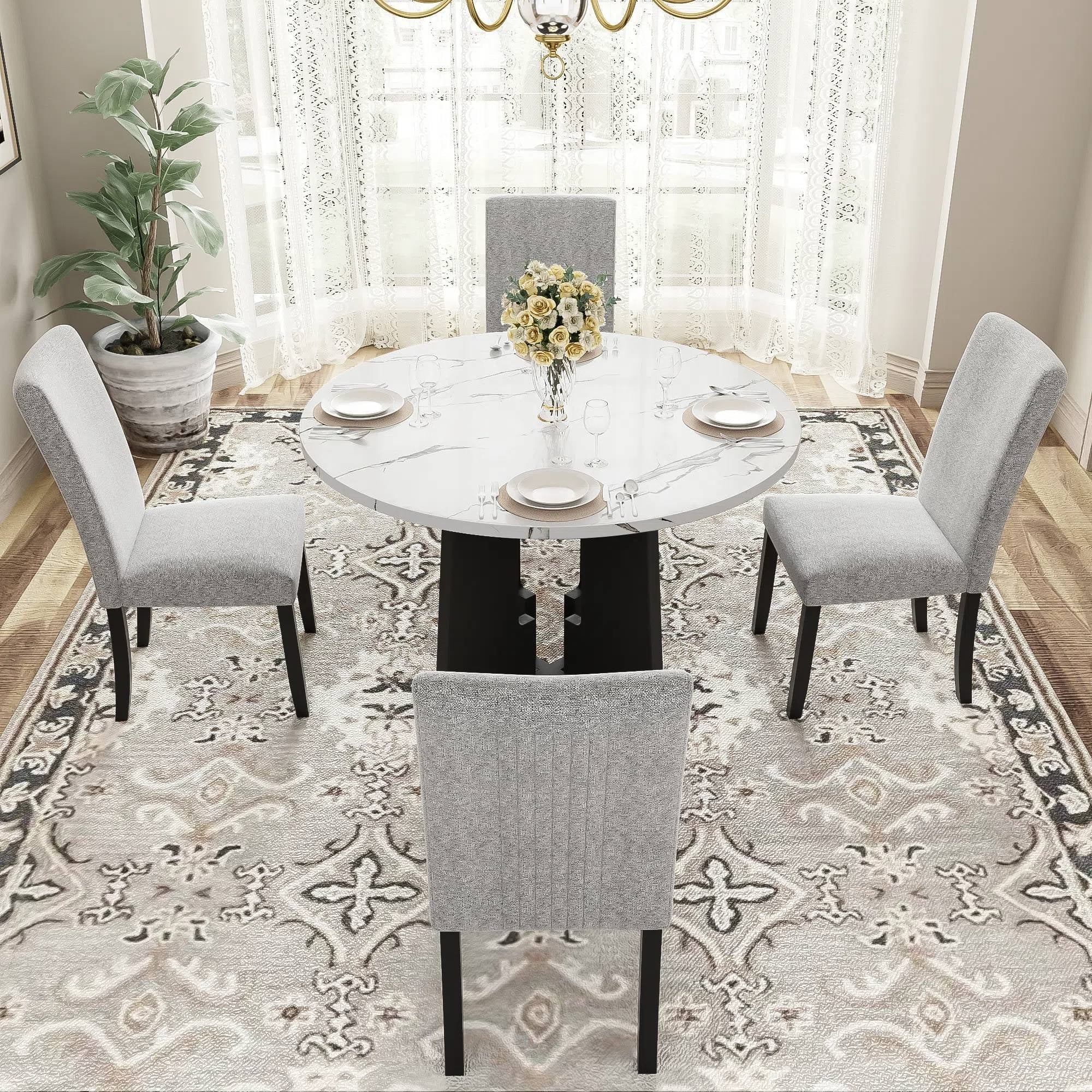 EUROCO 5-Piece Round Dining Table Set for 4, 43.3'' Kitchen Room Table with 4 Upholstered Chairs and Solid Wood Frame,Kitchen Table Set for Home Living Dining Room, Grey & Black - Image 18