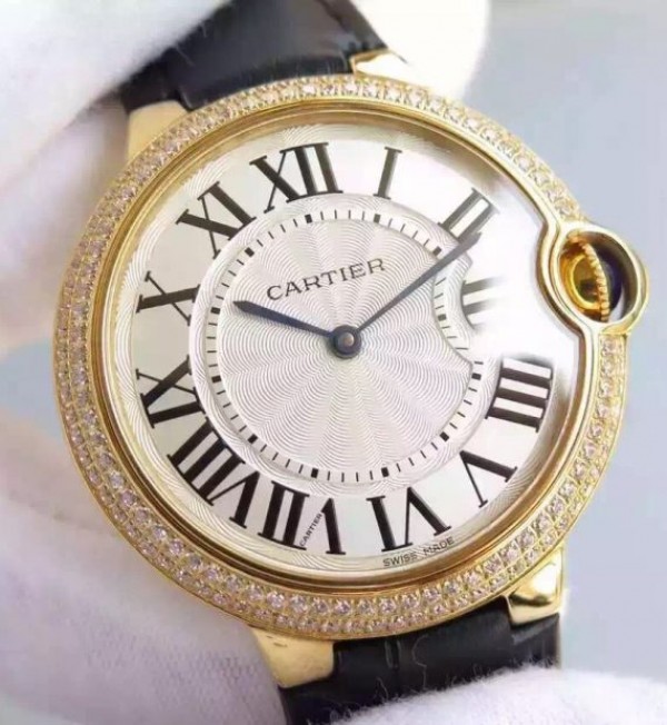 Replica Cartier Ballon Bleu 40mm YG Diamonds Bezel White Dial Leather Strap MIYOTA9015 - Top club