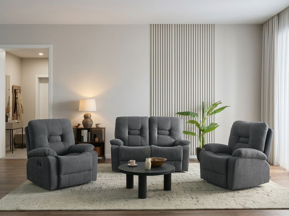 Manual Recliner Living Room Set 4 Seater BERGEN Fabric Graphite Grey