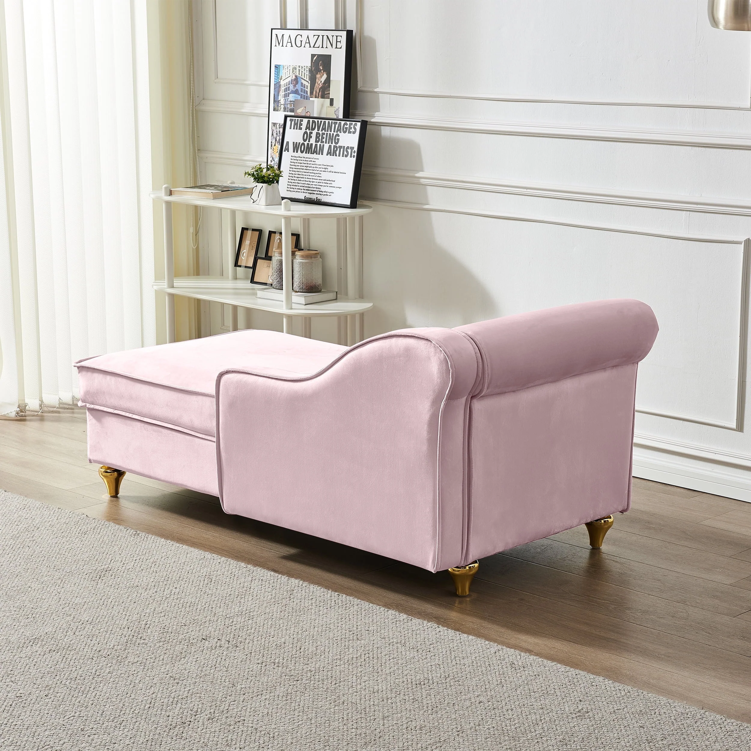 60.6" Velvet Chaise Lounge with Storage, Small Sofa Trimmed with Solid Metal Legs with 1 Pillow, Pink - Image 9