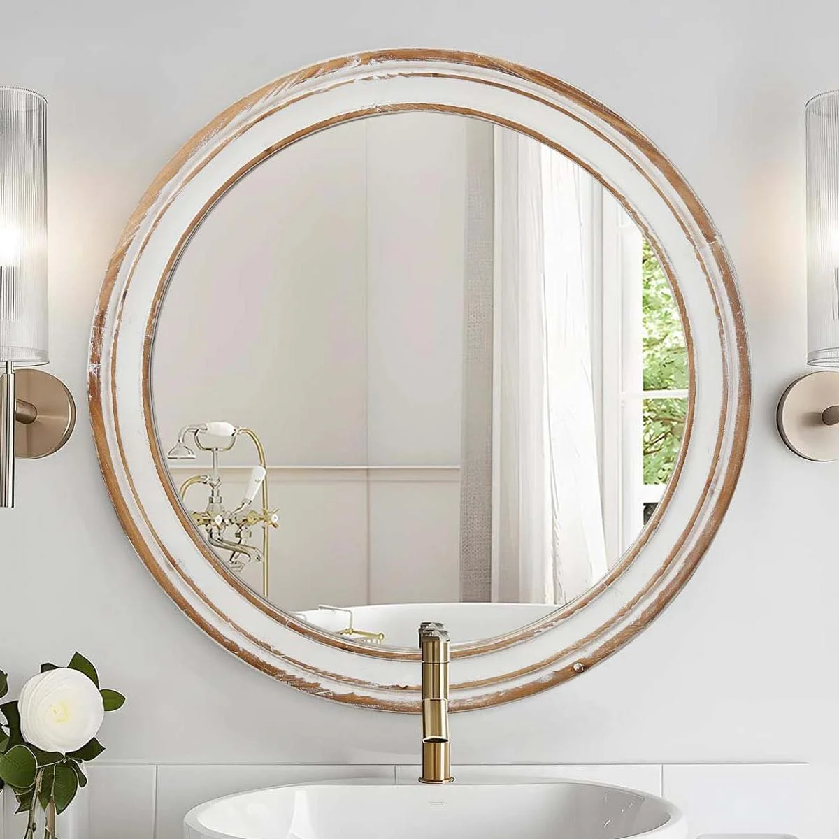 GZXS Farmhouse Round Wall Mirror with Antique Natural Finished Wood Frame, 35.4 Inches Rustic Decorative Mirror for Bathroom Vanity, Bedroom, Living Room, Entryway