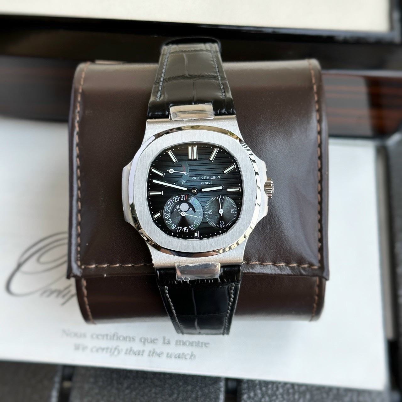 Patek Philippe Replica 11 Watch Nautilus 5712 Leather Strap Blue Black Dial GR Factory 40mm - Elite Watch Atelier