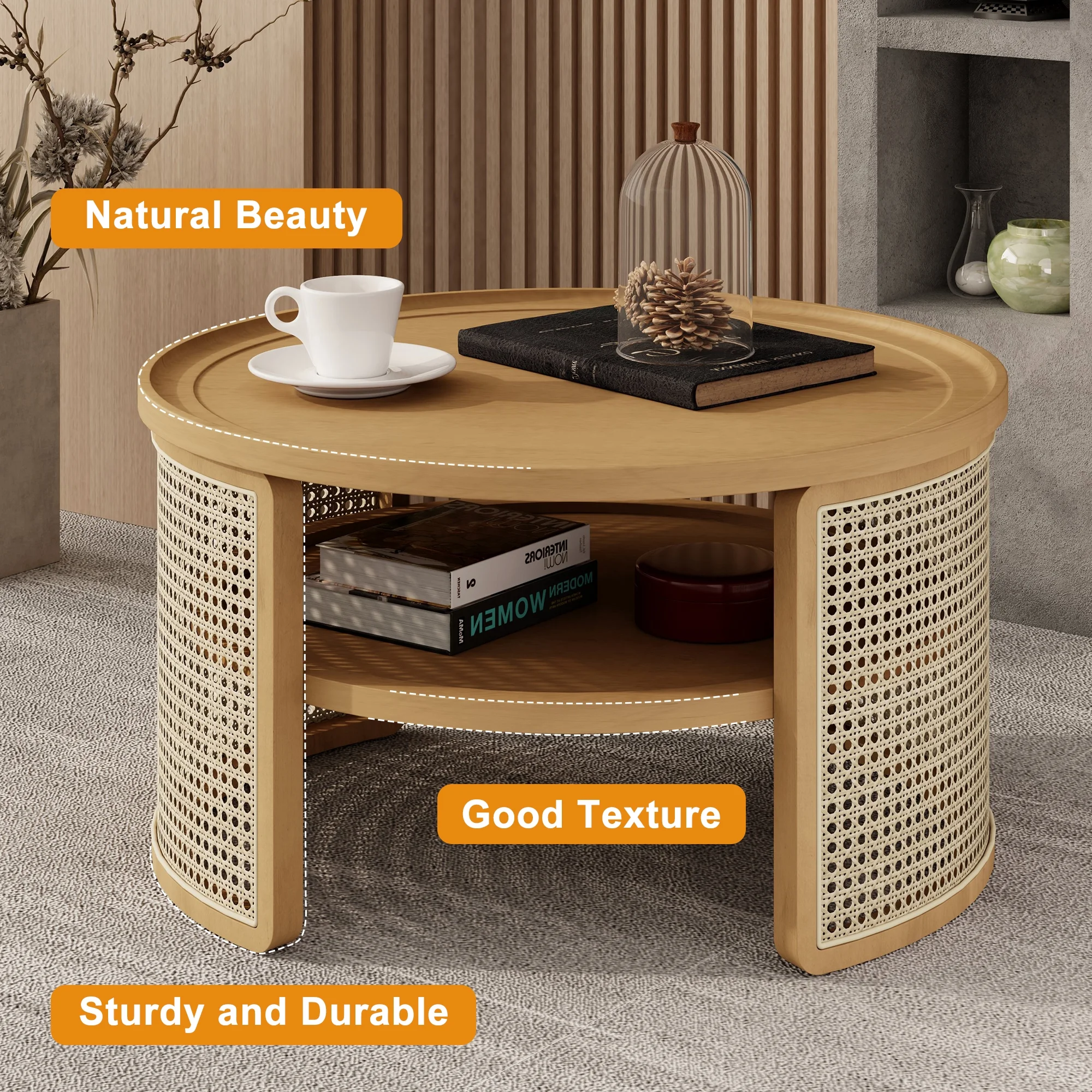Harper & Bright Designs Rattan Round Coffee Table with Storage Shelf, Round Cane Wood Center Table for Living Room, 37'' Brown - Image 46
