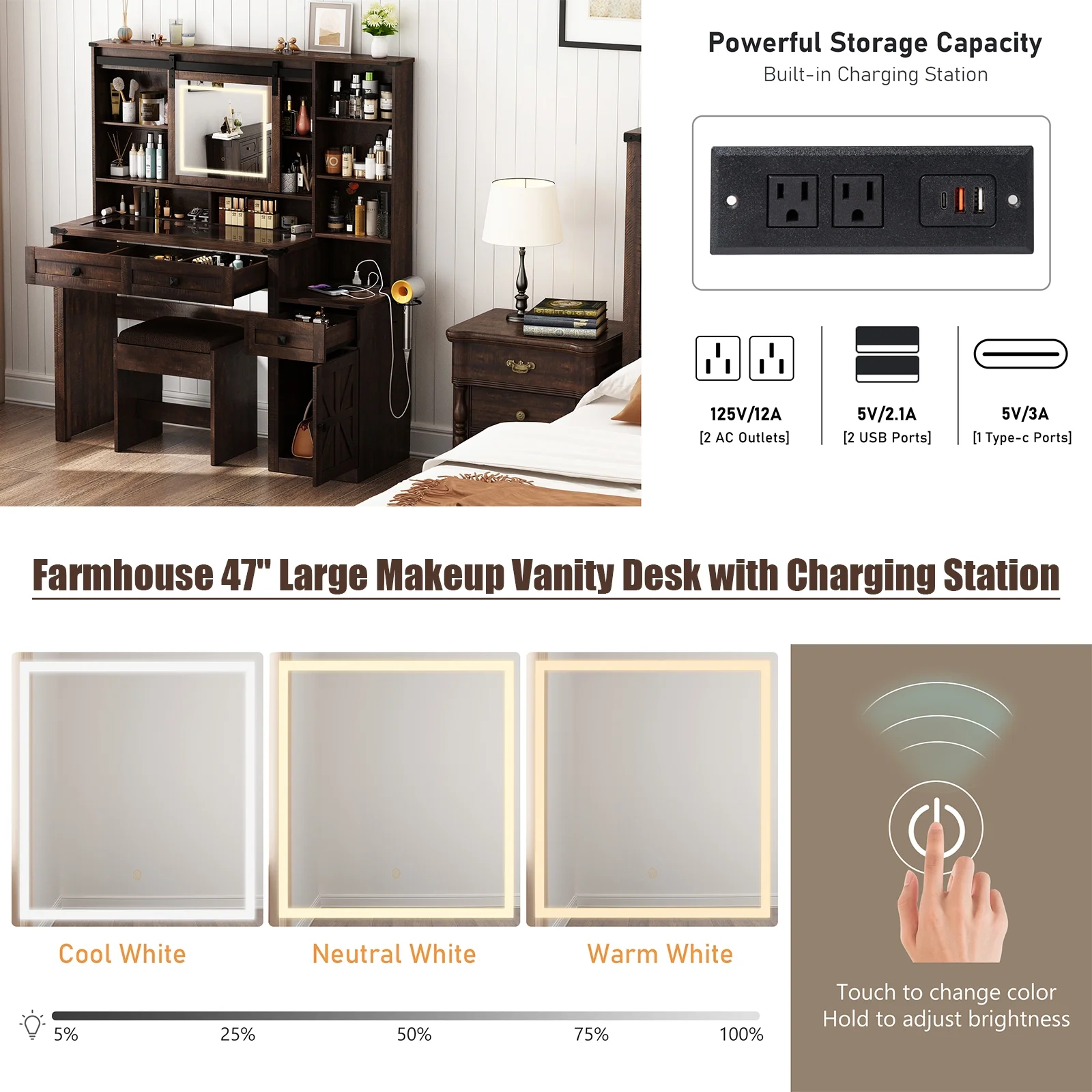 Blotout 47.2" Farmhouse Rustic Makeup Vanity Desk with Sliding Mirror and Lights, Glass Top Vanity Set with Charging Station & 3 Drawers & 1 Cabinet & Stool, Big Vanity (White) - Image 18