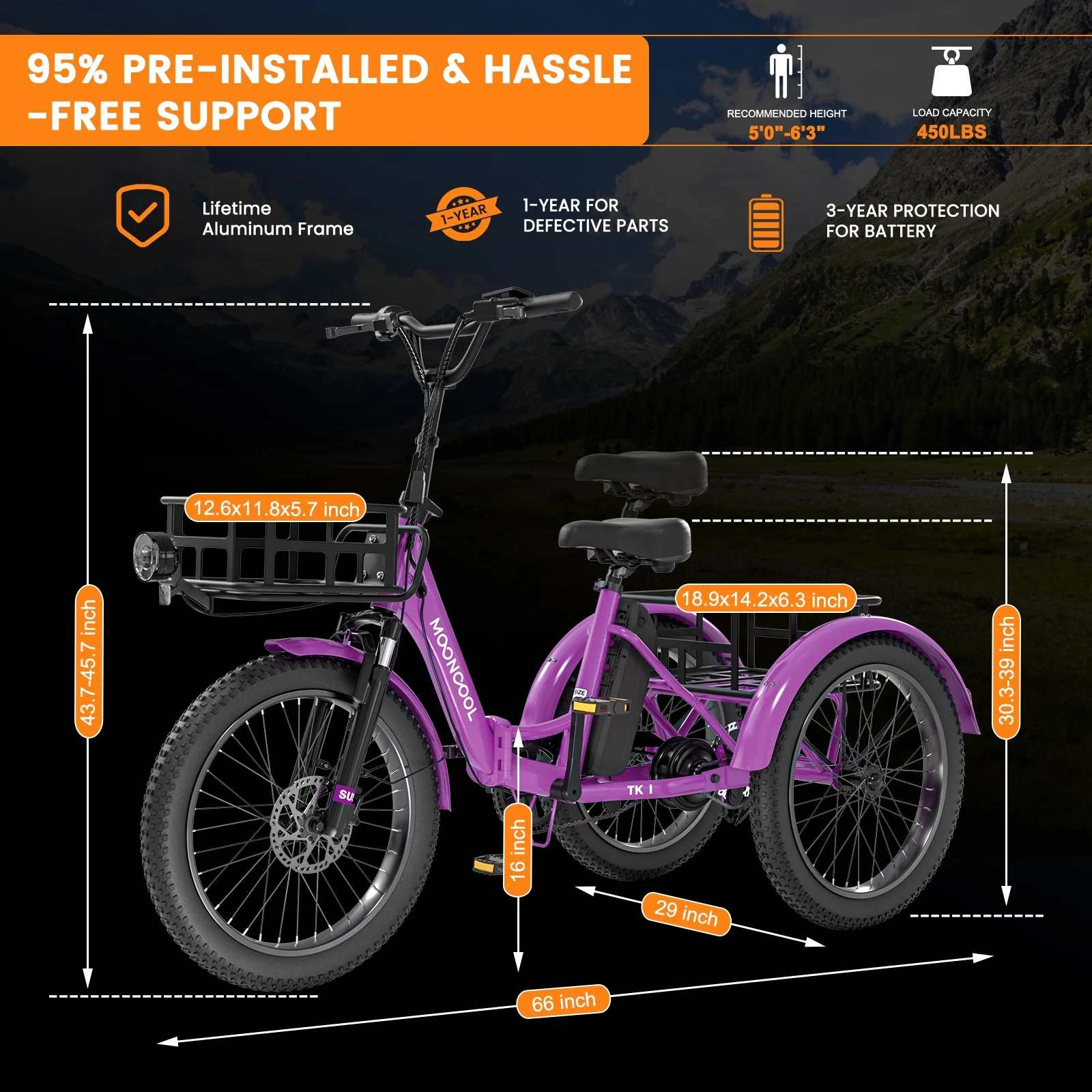 MOONCOOL TK1 Folding Electric Tricycle for Adults,48V 14.5Ah Removable battery, 500W(Peak 1000w)Motor, 20" Fat Tire Step-Thru 3Wheel Electric Bicycle w/Front&Rear Baskets, Certified to UL 2849 by SGS - Image 39
