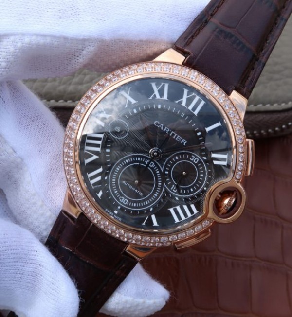 Replica Cartier Ballon Bleu De Cartier Chrono RG Black Dial Diamonds Bezel A8101 - Elite Watch Atelier