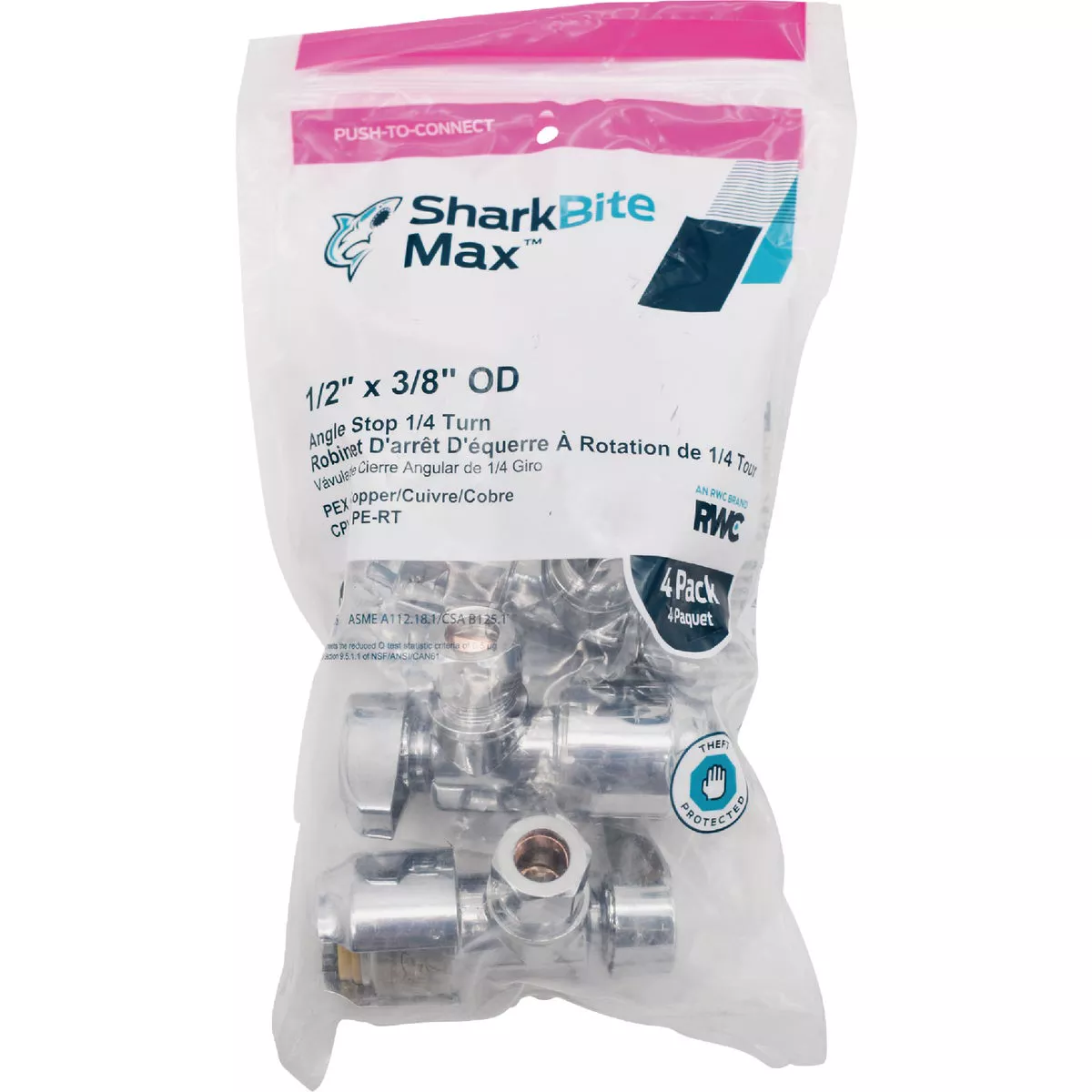 SharkBite 1/2 In. Push-to-Connect x 3/8 In. OD Compression Chrome-Plated Brass Quarter Turn Angle Valve (4-Pack)