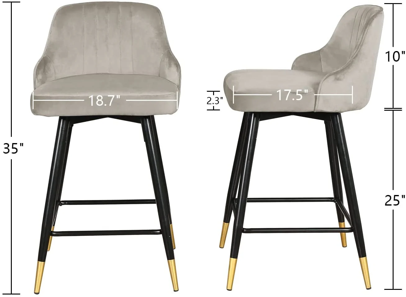 EiweLive 25'' Swivel Bar Stools with Back Set of 4, Gray Velvet Counter Height Stools for Kitchen Island, Pub - Image 3