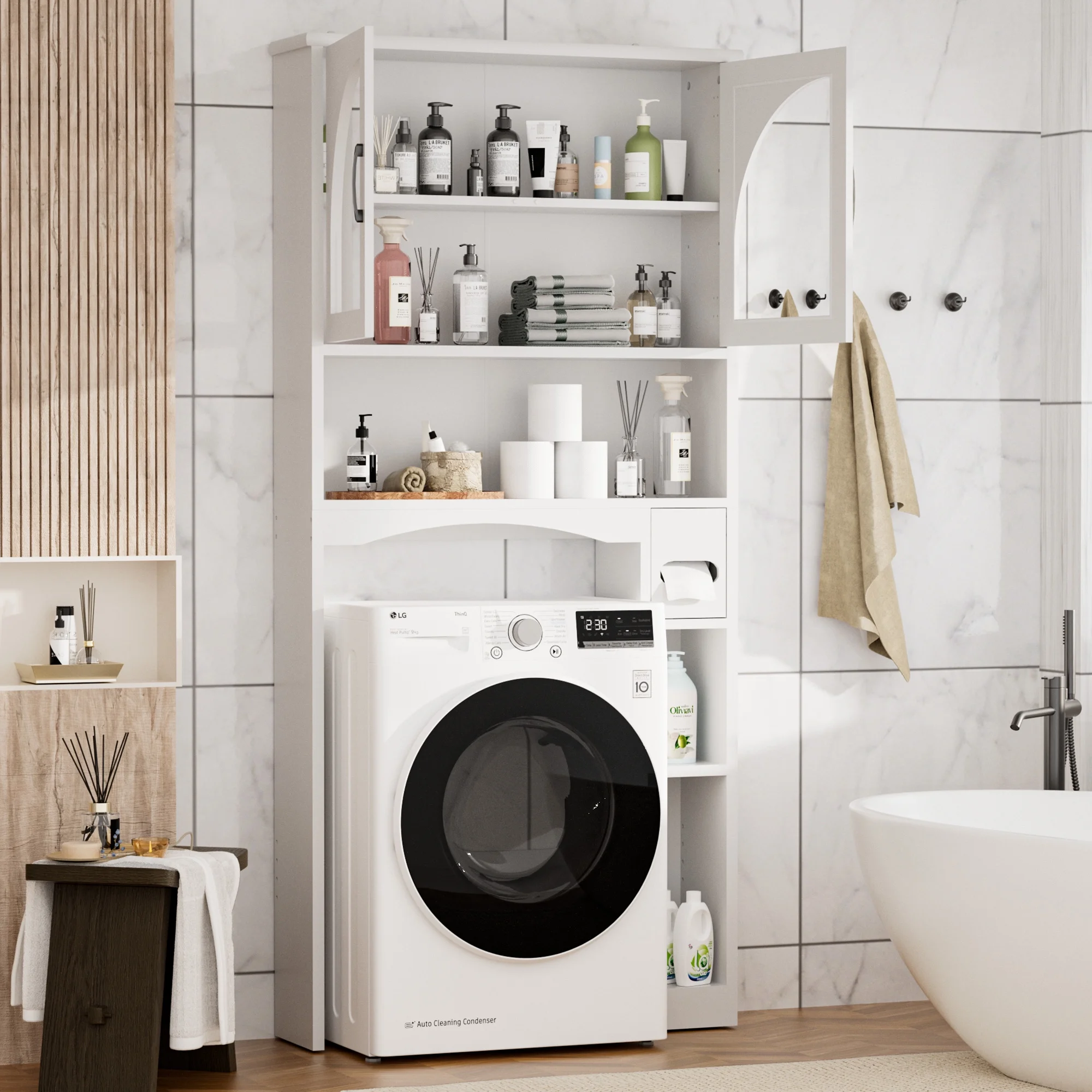 HARIPUL Over The Toilet Storage Cabinet w/ Unique Wood Grain & Arc Design, Freestanding Bathroom Shelf Organizer Space Saver w/ Doors & Anti-Tip Device, Wood Color - Image 25