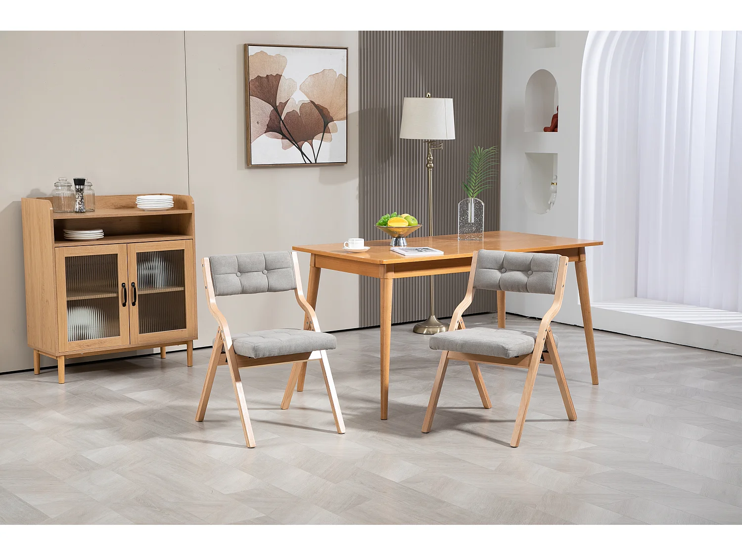 Lot de 2 chaises pliantes avec coussin - Gris et bois