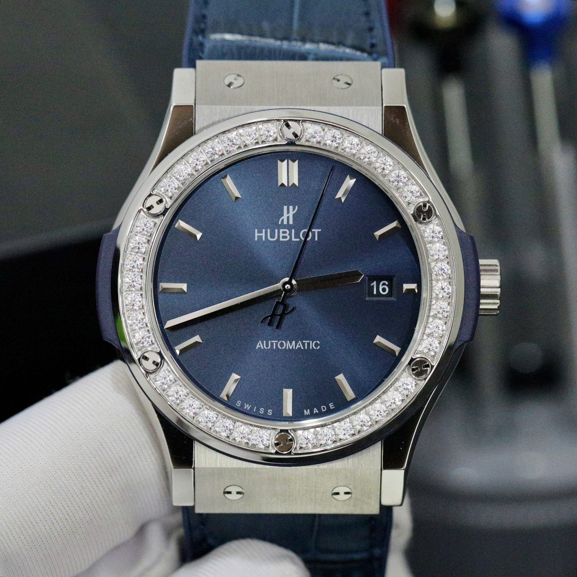 Hublot Classic Fusion Titanium Blue Dial Bezel Diamonds Replica Watch HB Factory 42mm - Elite Watch Atelier