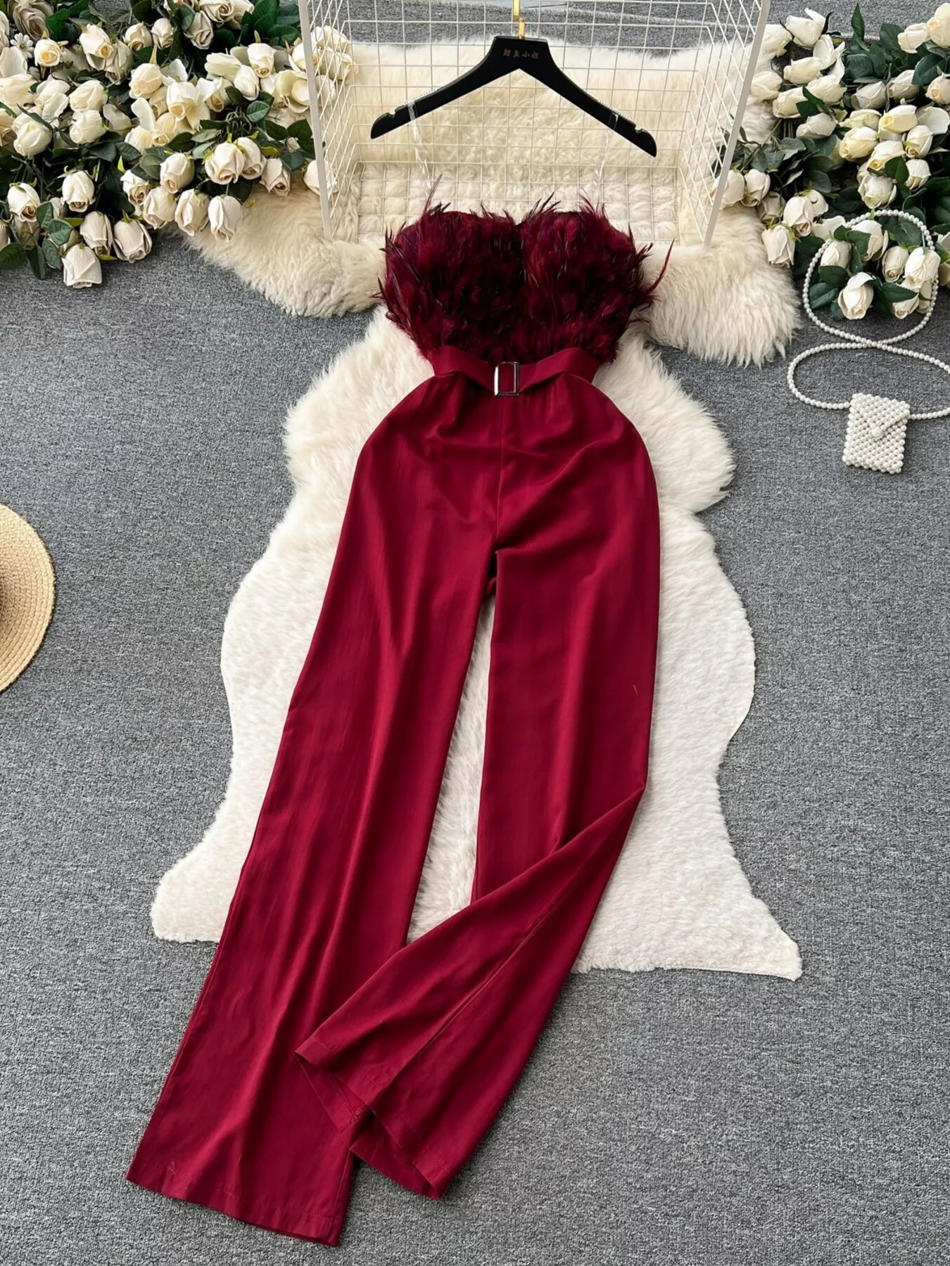 Feather Trim Strapless Wide Leg Jumpsuit - ZKZOOK