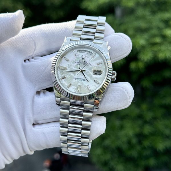 Rolex Day-Date Replica Watch Custom Mother Of Pearl   Moissanite Diamonds Baguetee 40mm - Elite Watch Atelier