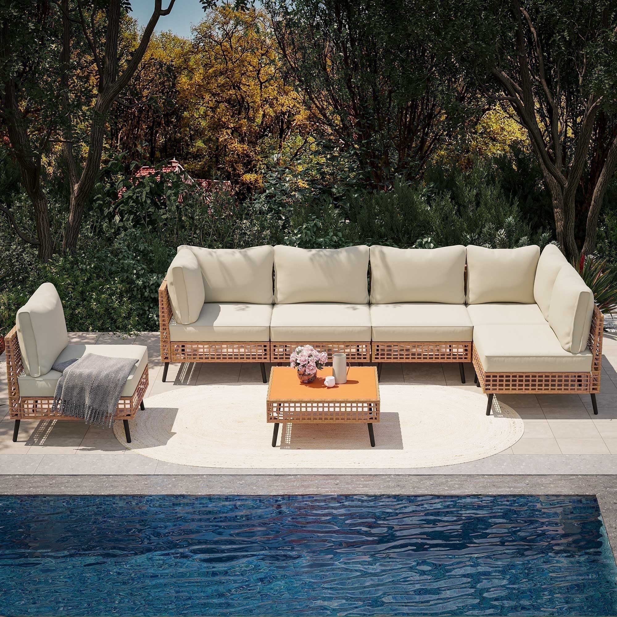 LAUSAINT HOME 7 Pieces Patio Furniture Set, Outdoor Wicker Conversation Sectional Set with Beige Cushions