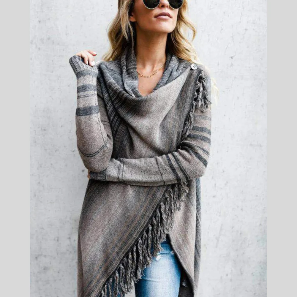 Fringe Long Sleeve Wrap Cardigan - ZKZOOK