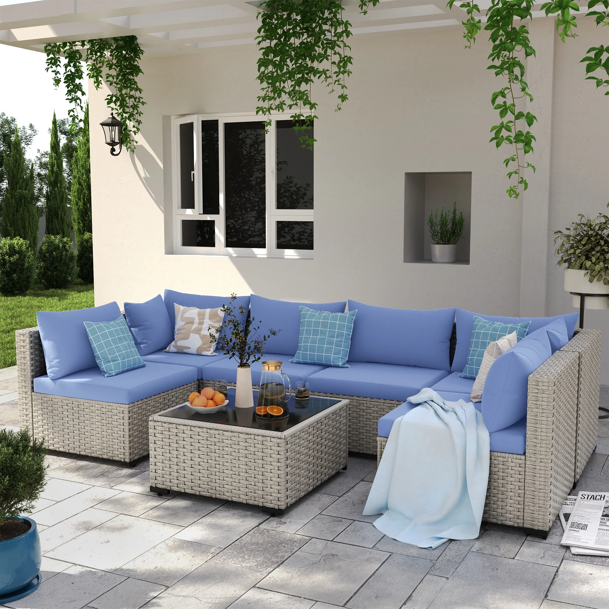 7 Pieces Patio Conversation Set, Outdoor Sectional PE Rattan Wicker Furniture Seat,Dark Gray - Image 60