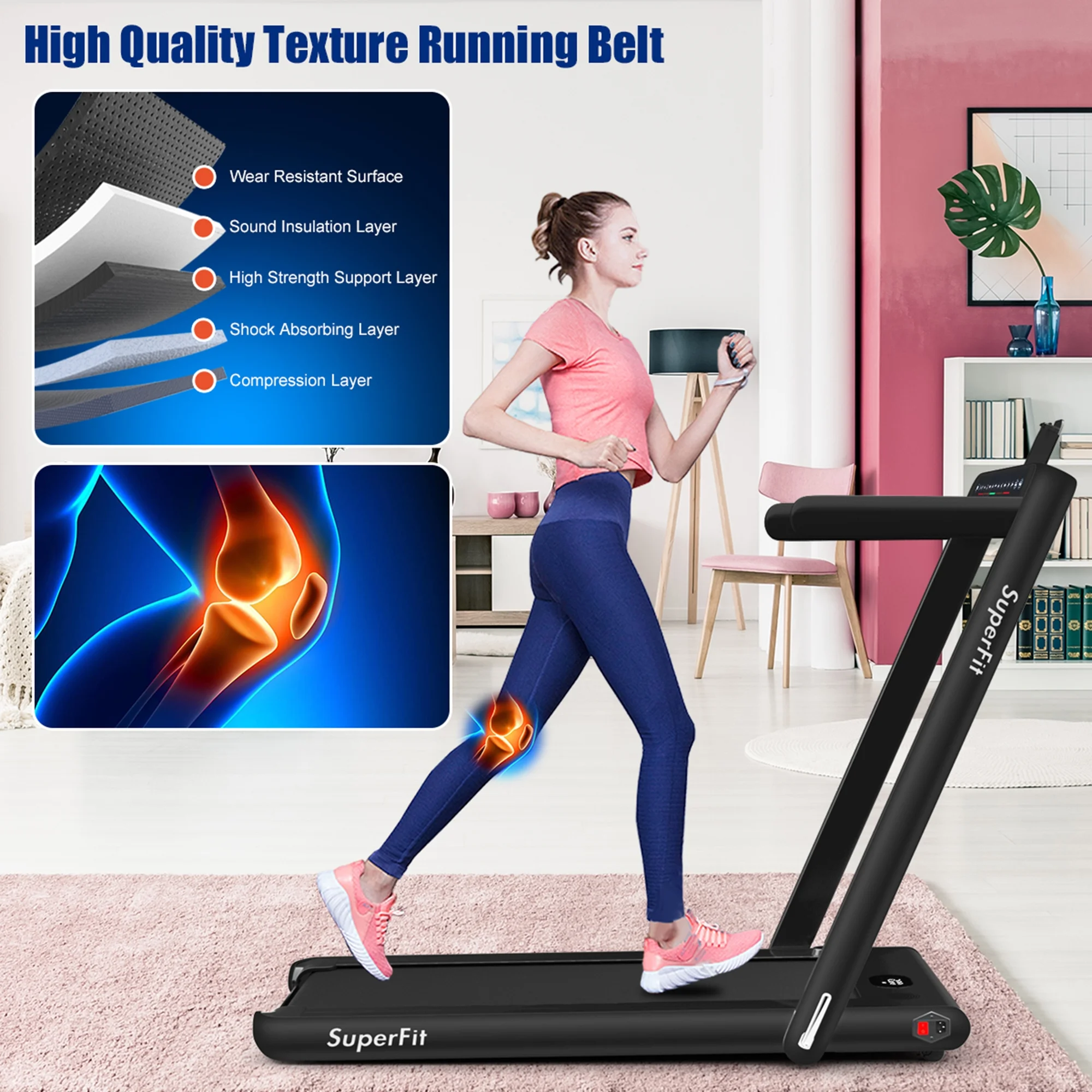Gymax 2 in 1 Folding Treadmill 2.25HP Running Machine w/ Dual Display APP Control Black - Image 4