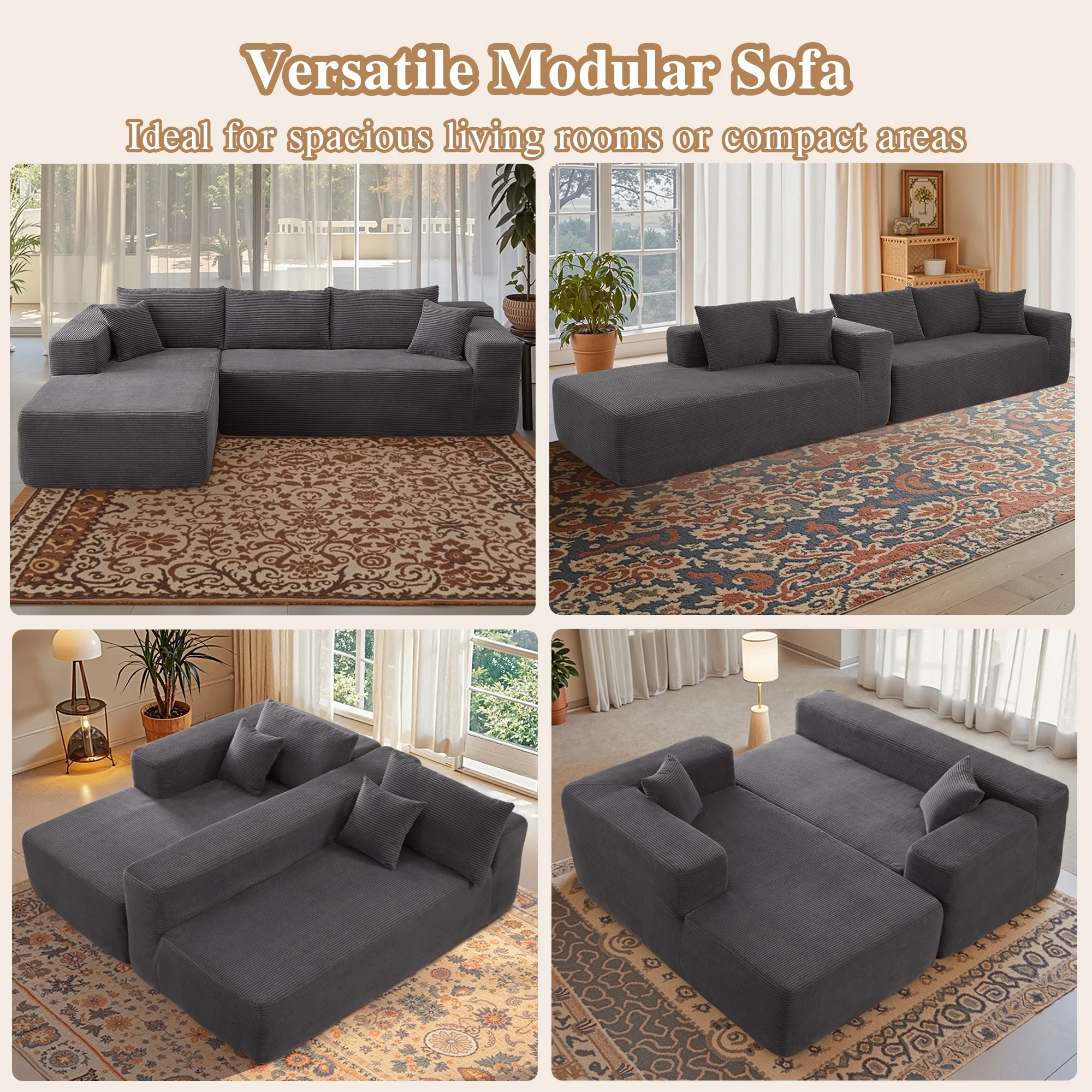 Ovios 106" L-Shaped Sectional Sofa Modern Modular Cloud Couch with Deep Seating Upholstered Sofa for Living Room Bedroom, No Assembly Required, Black(Corduroy) - Image 37