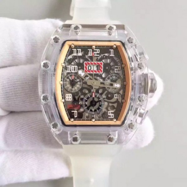 Replica Richard Mille RM011 Transparent Case RG/Black Bezel Skeleton Dial White Rubber Strap A7750 - Top club