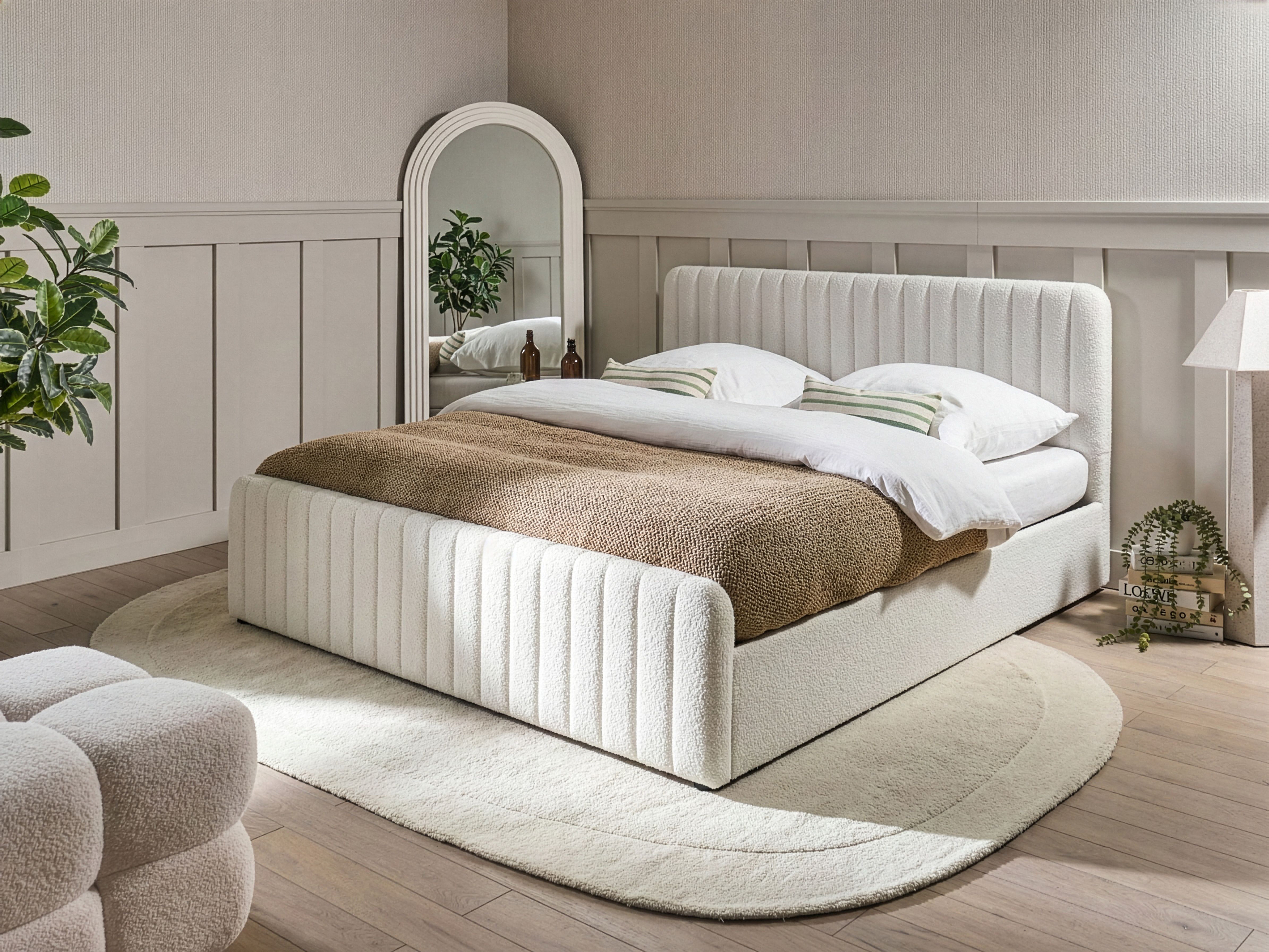 Ottoman Bed Boucle LUNAN 180 x 200 cm (EU Super King) White