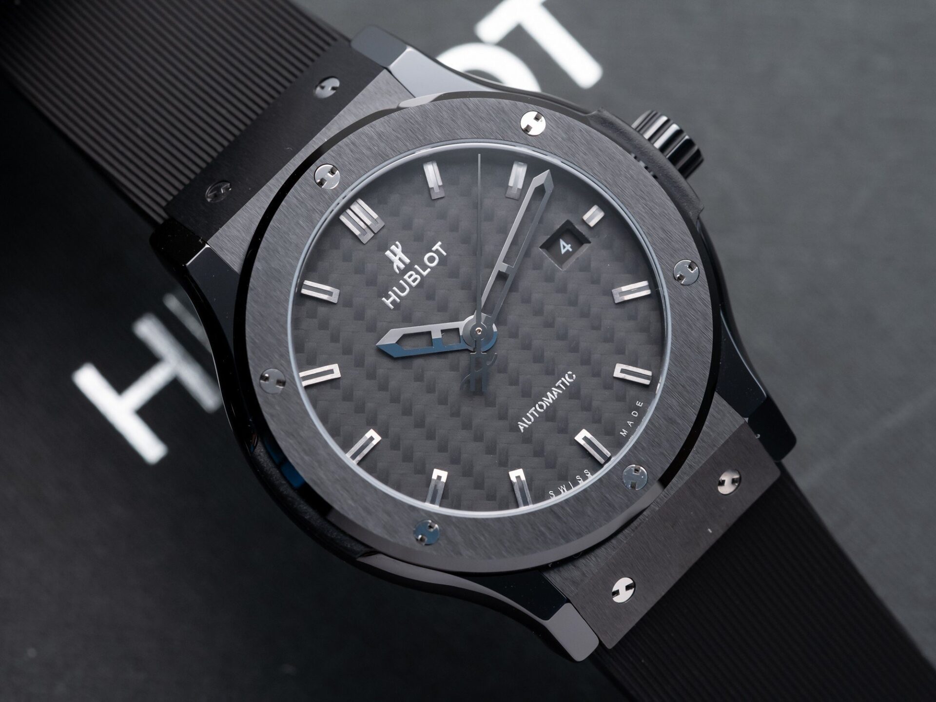 Hublot Classic Fusion Ceramic Carbon Dial Replica Watch Rubber Strap GSF 42mm - Elite Watch Atelier