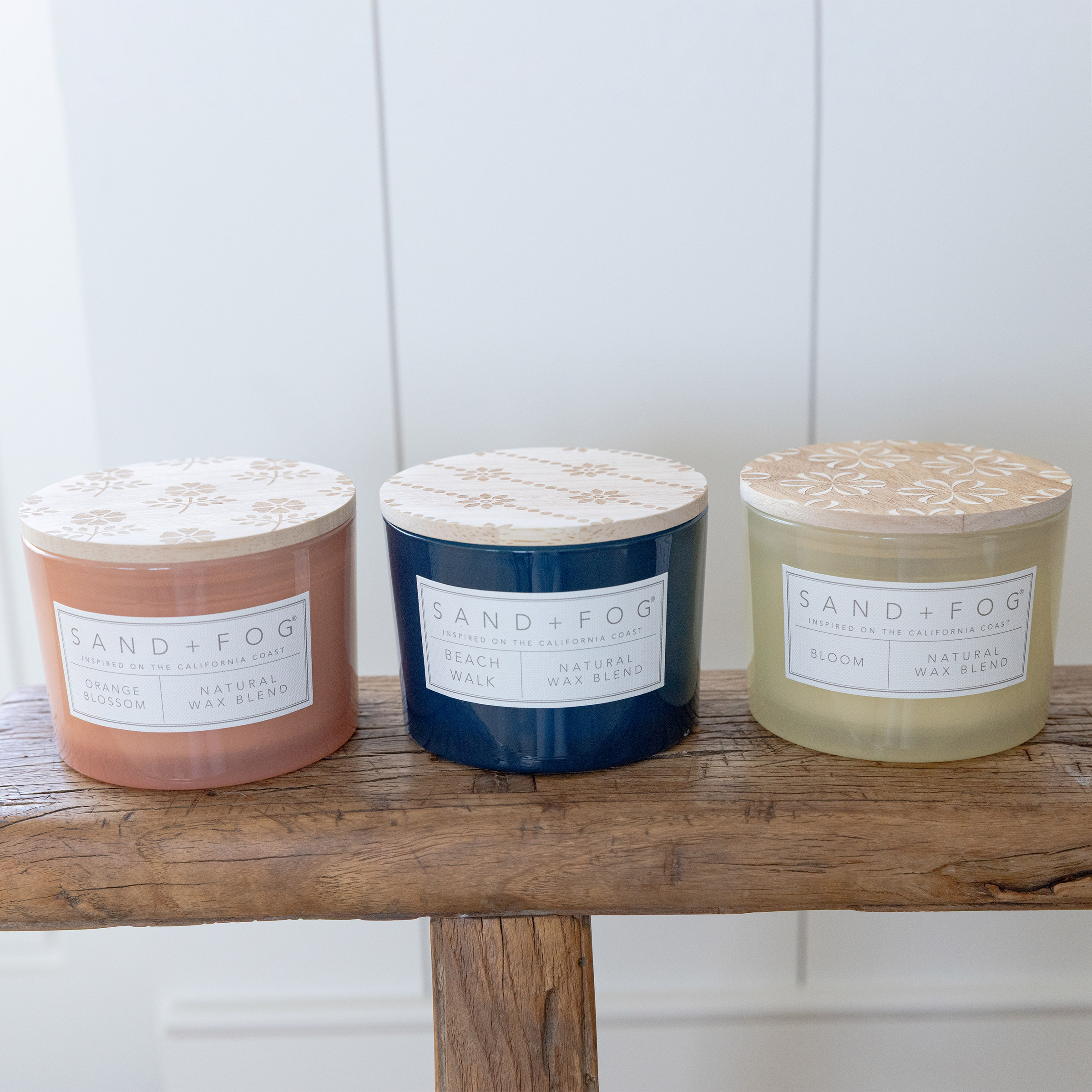Sand + Fog 12 oz. Candles with Carved Wood Lids, Set of 3