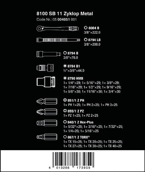 WERA 05004051001 8100 SB 11 Zyklop Imperial Metal Ratchet Set, 29 Piece, 3/8
