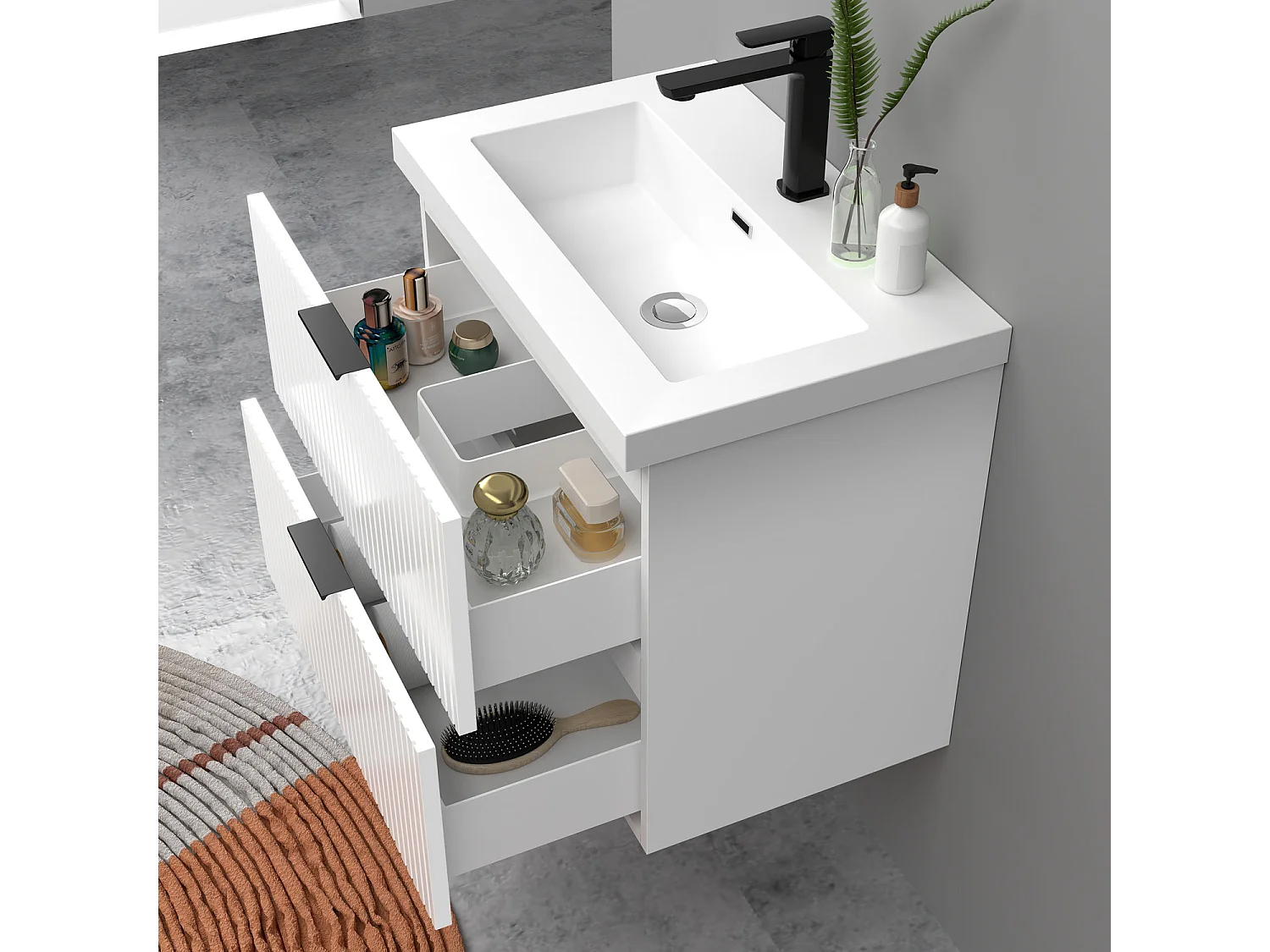 Meuble de salle de bain suspendu Strié Brillant 60cm avec simple lavabo + 2 tiroirs, Blanc