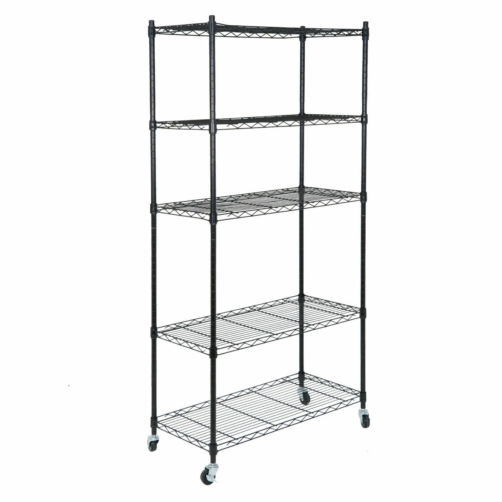 Brezey Set of 2 5-Shelf Wire Tier Layer Shelving Units with 4 Rolling Wheel Casters - Heavy-Duty Space-Saving Storage Solution, Dimensions: 30.1��(L)x14.2