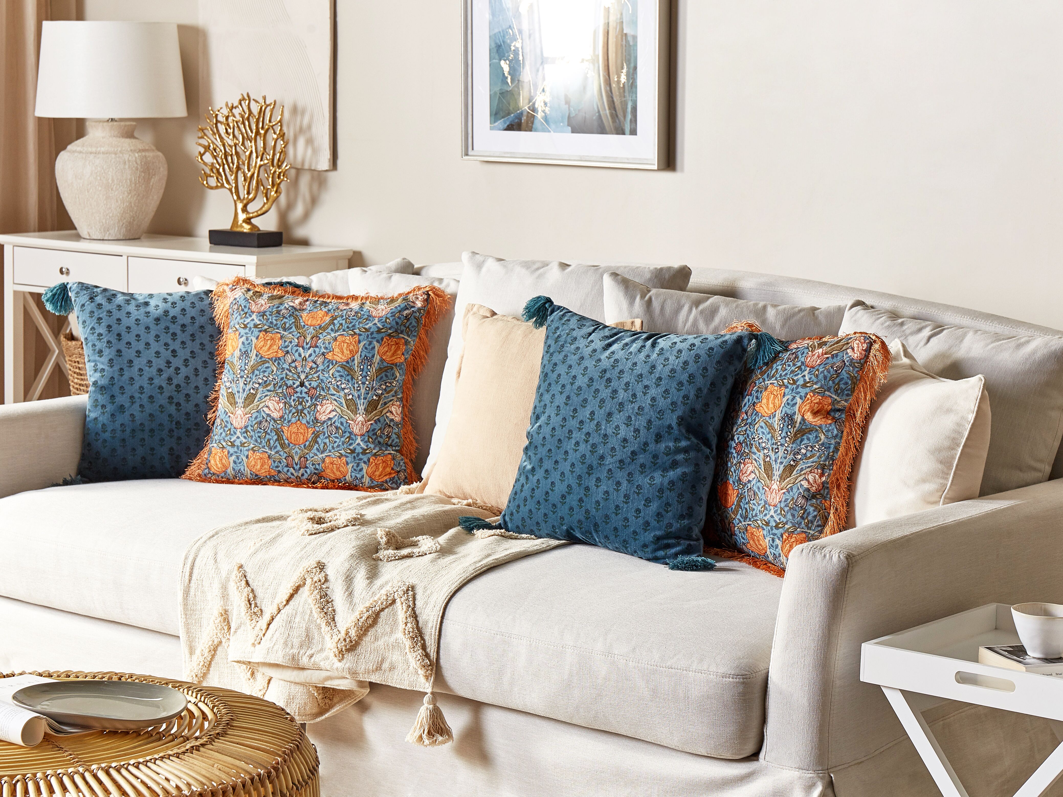 Throw Cushion MITELLA Velvet 45 x 45 cm Blue Floral Pattern