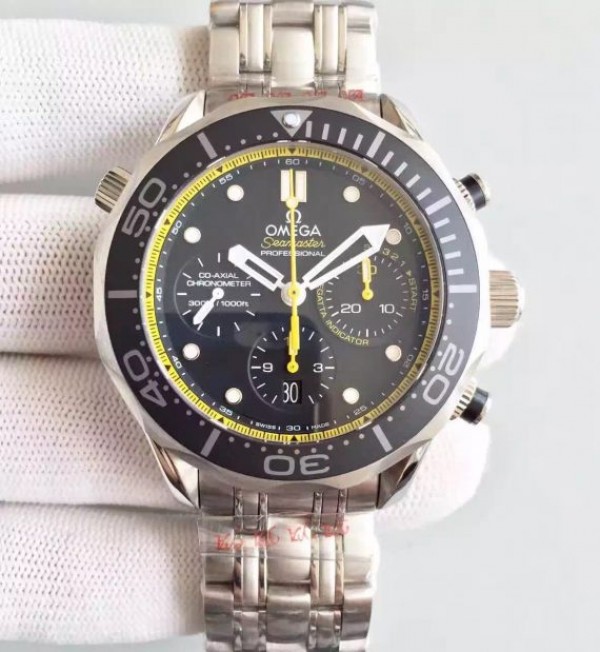Replica Omega Seamaster 300m Diver SS Black Dial Yellow Inner Bezel SS Bracelet A7753 - Top club
