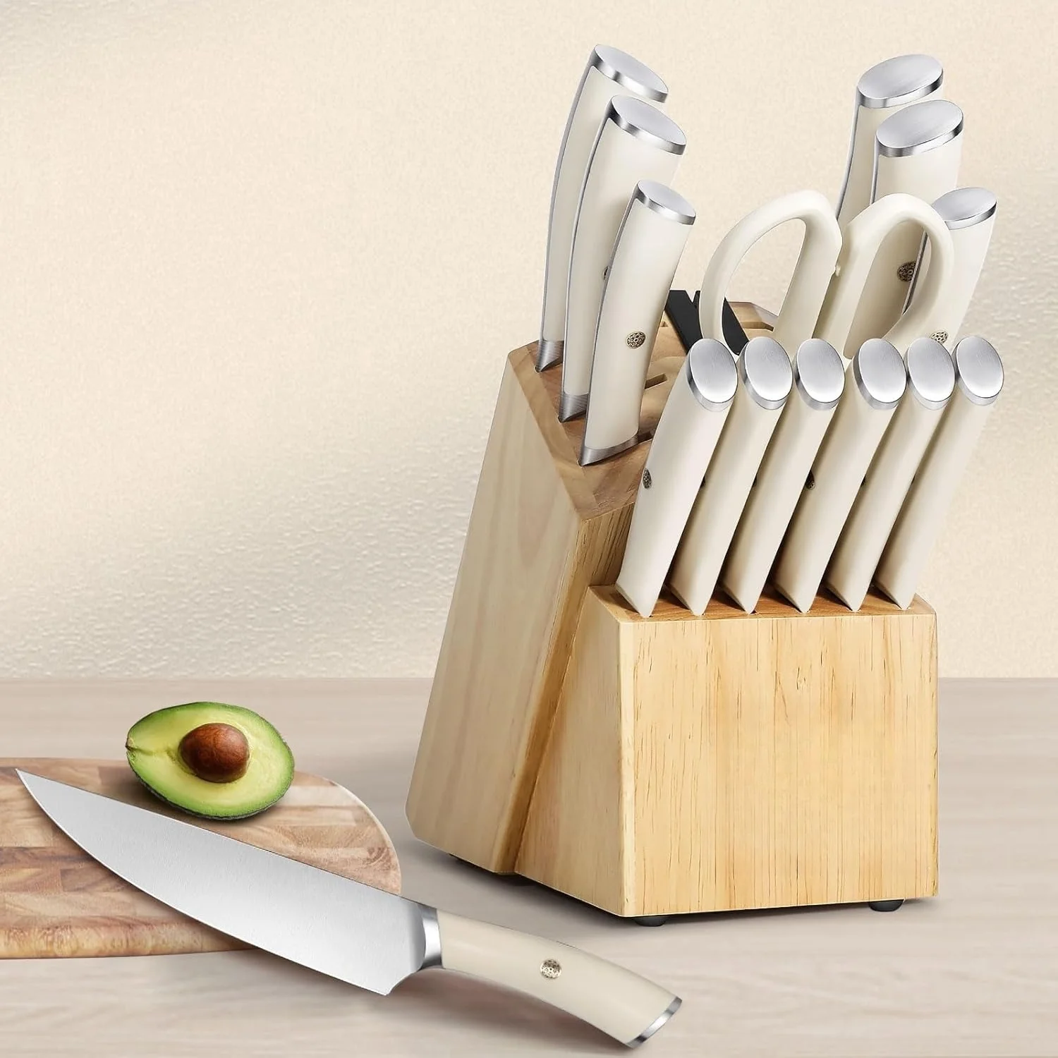 Ivory Knife Block Set (15-PCS) �C High Carbon Stainless Steel, Built-in Sharpener, Forged Chef Blades - Image 3