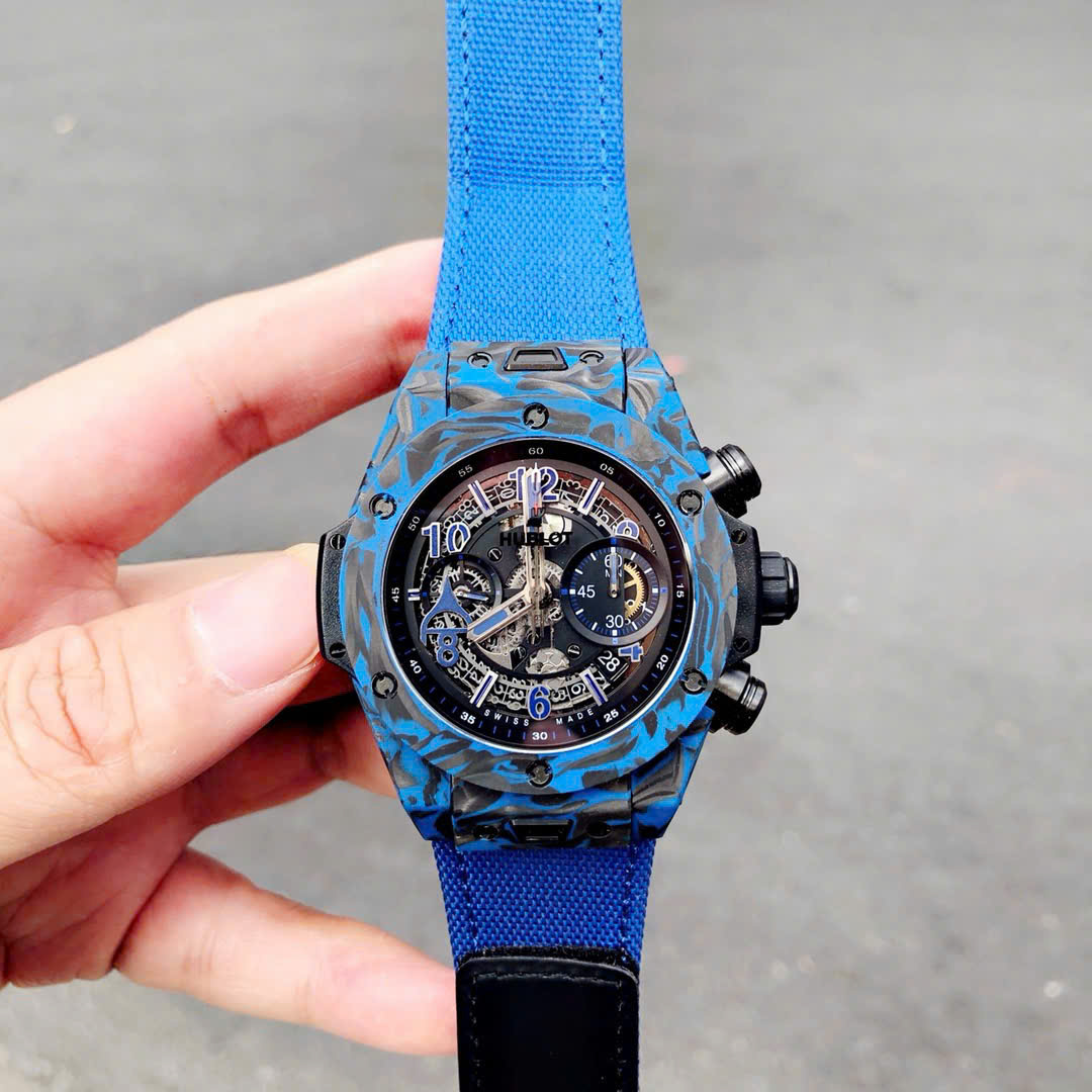 Hublot Big Bang Unico Blue Carbon Replica Watches Best Quality Fabric Strap 45mm - Elite Watch Atelier